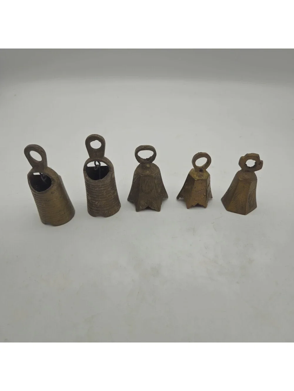 Vintage Lot Of 5 Brass Mini Bells Etched Ribbed India